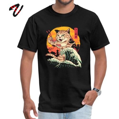 Crew Neck 100% Cotton Fabric T Shirt Mens T-Shirt Neko Sushi Wave Japan Style Short Sleeve Tops Mad Cat Print Clothing Cool