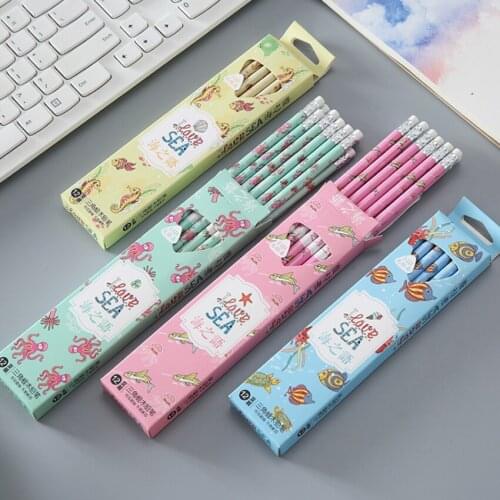12Pcs/pack Love sea Cartoon Rubber Head HB Pencil Student Teacher Gift Interesting Presents For Friends Novel gifts