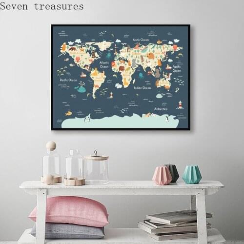 Sea Life Continents Animal World Map Picture Children Poster Nursery Wall Art BabyCanvas Print Painting Kids Bedroom Decoration