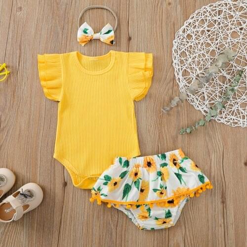 Girls Three Piece Set Infants Ribbed Solid Crew Neck Fly Sleeve Romper Sunflower Printed Shorts Hair Band Summer Clothes