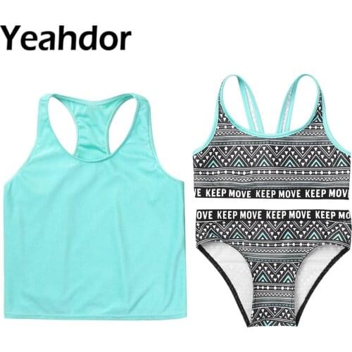 3Pcs Kids Girls Beach Swimwear Swimming Bathing Suit Sleeveless Cropped Tops with Round Neck Racer Back Vest Tops and Briefs Set