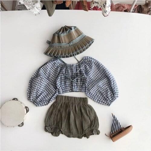 2021 Fashion Newborn Baby Girls Clothes Set Toddler Plaid Blouse Tops+Shorts 2Pcs Outfit Toddler Girl Cotton Linen Clothing Suit