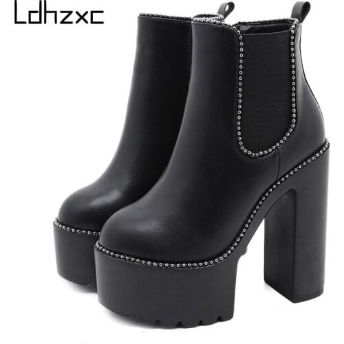 LDHZXC 2020 News ankle boots Women Short Boots patent leather Fashion Thick High Heeled Female Shoes Platform Ladies Footwear