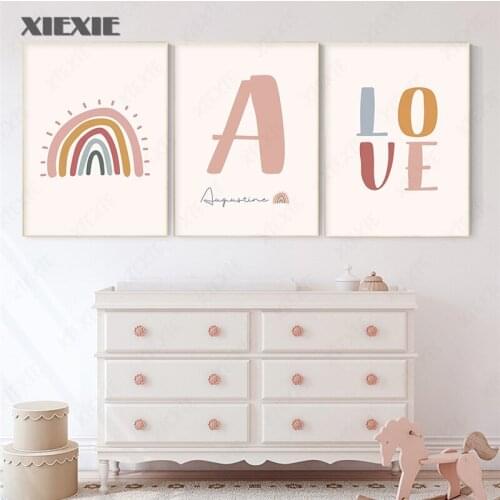 Love Rainbow Girl Personalized Babys Name Custom Nursery Wall Art Canvas Painting Cartoon Picture for Kid Bedroom Home Decor