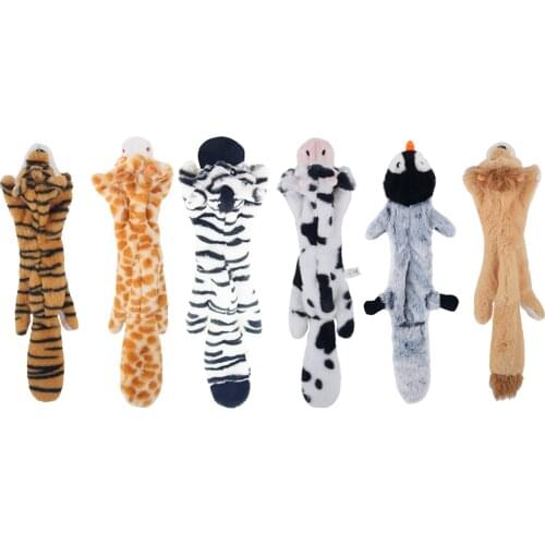 Cute Plush No-Stuff Pet Dog Squeaky Toy Training Play Teasing Chew Whistling Doll Animal Tiger Cow Interactive Sound Accessory