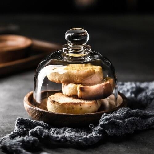 Mini Cake WoodenTtray With Lid Glass Cover Baking Cake Fruit Pastry Plate Restaurant Kitchen Tableware Set Dessert Display Plate