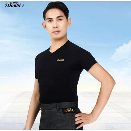 Doubl Mens Dance Tops Costume Adult Latin T shirt V Round Neck Short Sleeve Modern Standard Black Wear Comfortable Clothing