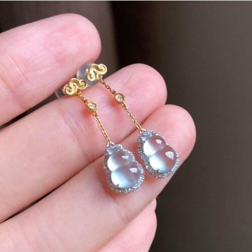 Natural chalcedony gourd egg face diamond long earrings Chinese retro light luxury charm lady silver jewelry