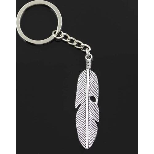 New Fashion Men 30mm Car Keychain DIY Metal Holder Chain Vintage Feather 59x16mm Silver Color Pendant Gift