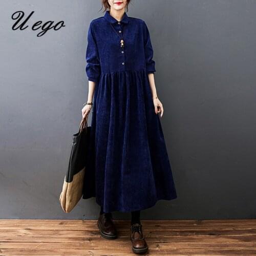2021 New Arrival Corduroy Vintage Winter Autumn Dress Turn-down Collar Korea Fashion Blouse Dress Women Casual Spring Dress
