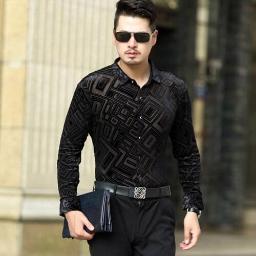 New design mens spring and summer fashion plaid hollow velvet shirt long sleeve sexy man hollow out velvet dress shirts