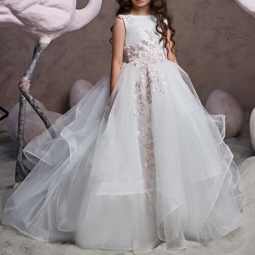 Applique Princess Dress Girl Wedding Bridesmaid Dresses for Kids Girl First Communication 7 Layers Tulle Dress for Photo Shoot