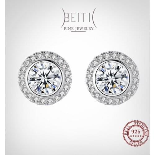 Beitil 100% 925 Sterling Silver Classic Round Shape CZ Stud Earrings For Women Classic Luxury Wedding Accessories Jewelry GIFT