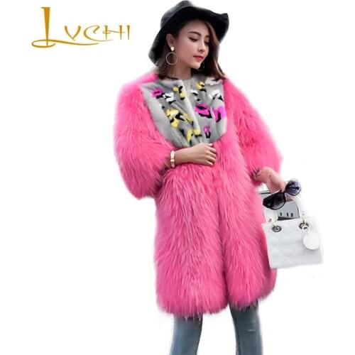LVCHI Winter 2019 Real Fur Coats Raccoon Dog Fur Coat Womens Patchwork Mink Fur O-Neck Medium Pink Slim Raccoon Dog Fur Coats