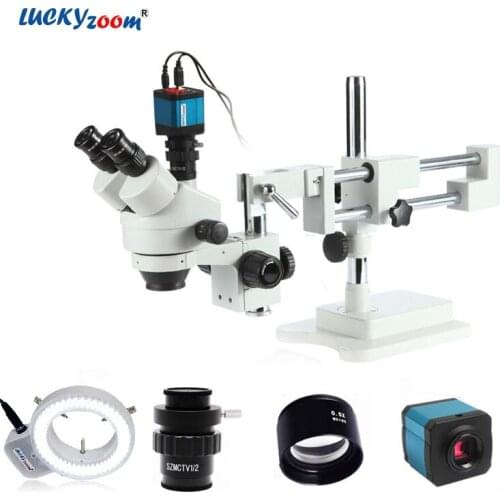 Lucky Zoom 3.5X-45X Trinocular Stereo Microscope For Phone Repair Double Boom Stand Microscope For Soldering 14MP HDMI Camera