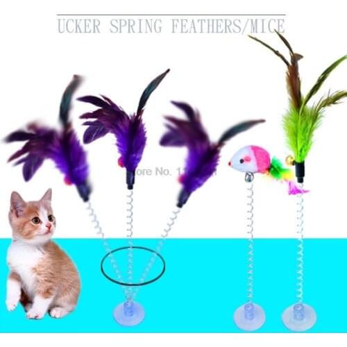 300pcs 2 Types Funny Cat Toys Elastic Feather False Mouse Spring Sucker Toys for Cat Playing Pet Toy Training