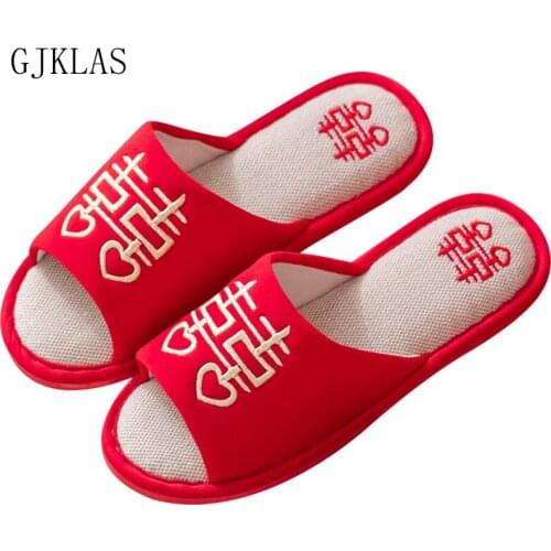 Unisex Wedding Slippers Wedding Festive Summer Red Slippers Couple Home Happy Word Slippers Men and Women Festive Wedding Shoes