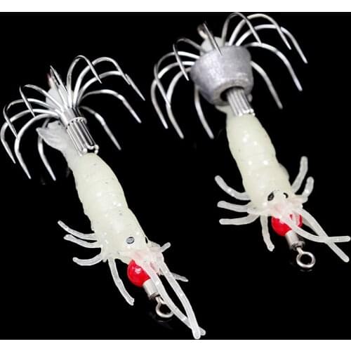 1 Pcs Luminous Squid Jigs White Glow Wood Shrimp with Octopus Squid Jig Hooks Fishing Lure