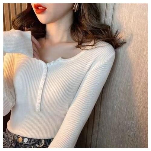V-Neck Sweater womens spring dress new style with slim bottom shirt shows thin knitting Sexy Long Sleeve Top