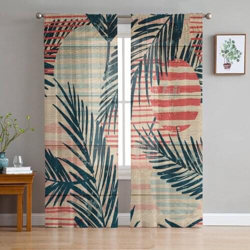 Wood Grain Tropical Plants Geometric Stripes Voile Tulle Sheer Curtains for Bedroom Living Room Kitchen Decor Window Curtain