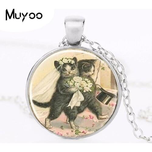 Vintage Cat Groom and Bride Couple Art Necklace, Cat Jewelry, Wedding Jewelry Photo Pendant Dome Pendant HZ1