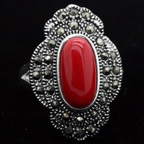 24*16mm Vintage silver color Oval Red Coral Marcasite Ring Size 7/8/9/10
