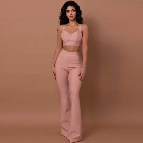 Rayon Bandage Set 2 Pieces White Pink Khaki Strap Sleeveless Crop Top And Long Trousers Sexy Celebrity Party Wear