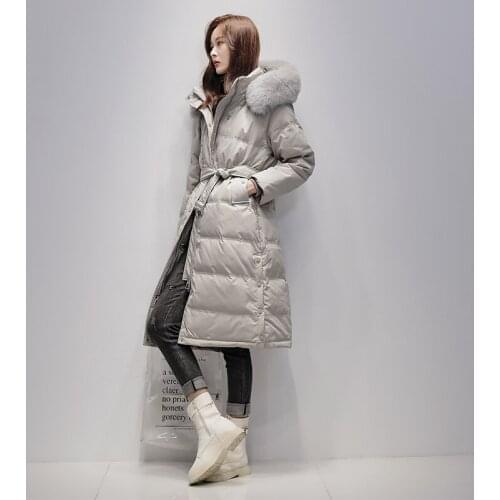 Off season sale down jacket women 2020 fashion new big real fur collar thick and warm long outerwear gray belt solid hooded