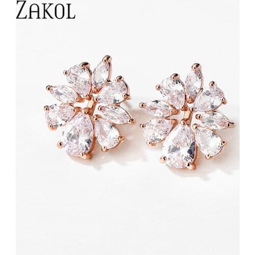 ZAKOL 2021 New Flowers Water Drop Cubic Zirconia Stud Earrings Colorful Stone Women Simple Wedding Bridal Jewelry