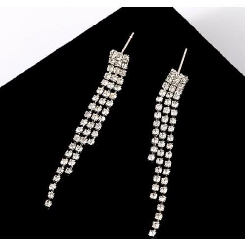 New Rhinestone Long Tassel Earrings for Women Elegant Statement Crystal Drop Earring Evening Party Wedding Jewelry Gift