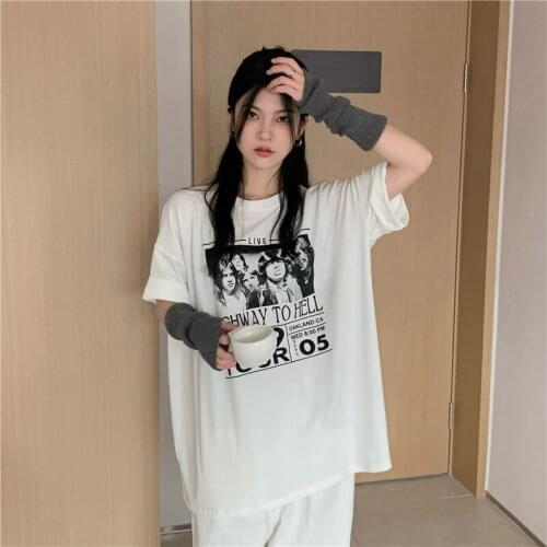 2021 Summer New High Quality Cotton O-Neck Loose Wild Retro Band Print Short-sleeve Concise Loose T-shirt Outer Female