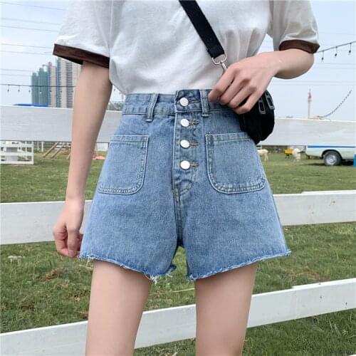 Plus size 5XL fat femme denim shorts women 2020 summer new Korean loose-breasted high-waisted a-line wide-leg hot short pants