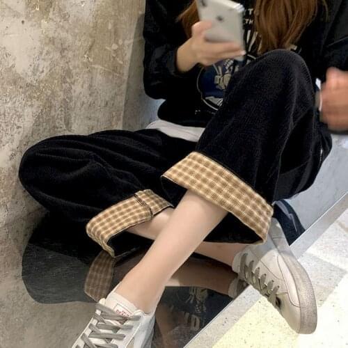 Womens Corduroy Pants Autumn Winter New Student Korean Style Loose High Waist Wide Leg Pants Plus Velvet Thick Casual Trousers