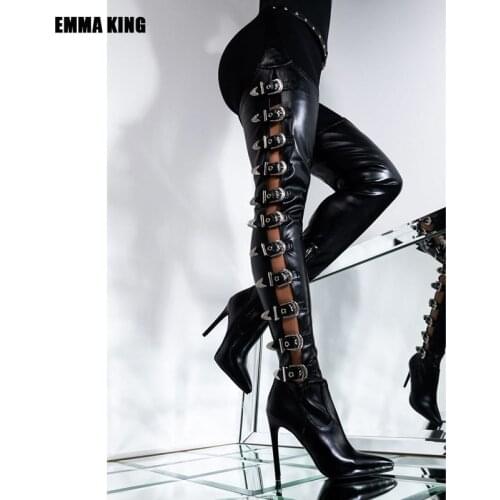 Women Thigh High Boots Waist Belt Metal buckle Leather Stiletto High Heels Over Knee Boots High Heels Pointed Toe High Boots
