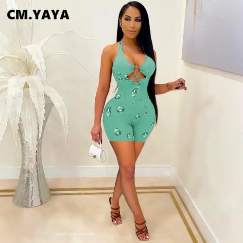 CM.YAYA Women Playsuit Print Sleeveless Bandage Halter V-neck Skinny Bodycon Playsuits Sexy Rompers One Piece Overalls Summer