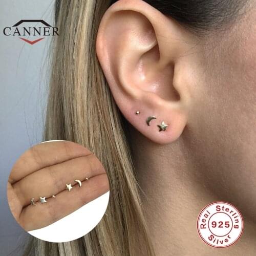 CANNER 1 Set Real 925 Sterling Silver Exquisite Mini Star Moon three-piece Stud Earrings for Women Piercing Earings Pendientes
