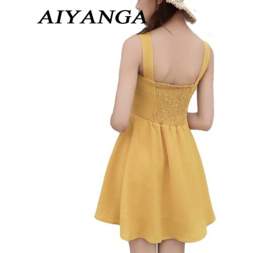 Summer 2018 Strap Yellow Short Mini Boho Bohemian Beach Dress Women Sundress Sexy Casual Backless Vintage Ladies Dress