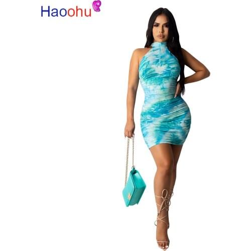 HAOOHU Women Tie Dye Print Stand Neck Stacked Sleeveless Bodycon Midi Dress Sexy Party Club Bandage Ruched Pencil Dresses