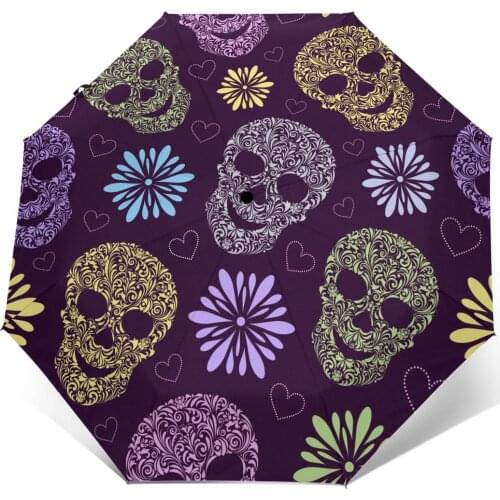 Sunny Umbrella Abstract Floral Skulls Automatic folding portable men women umbrella Sunscreen rain Windproof beach parasol