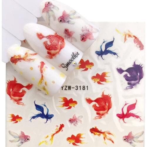 1Sheet Goldfish Water Transfer Nail Art Sticker Colorful Fall Season Tree Beauty Red Maple Leaf Decal Nails Art Decorations