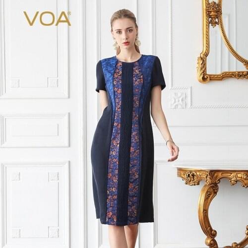 VOA party dress summer women round collar short - sleeved waist printing splicing natural silk clothes vintage dresses A857