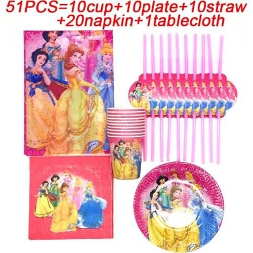 Snow White Princess Theme Party Tablecloth Kids Birthday Party Decoration Party Supplies Cup Plate Straw Napkin Paper Tableware