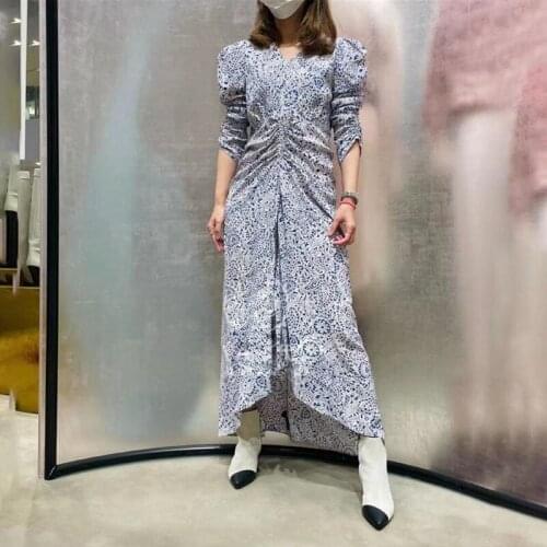 Asymmetrical Women Summer French Slim Print Long Dress Ladies High Version Designed V-Neck New Dreses Female Fashion Dress ML171
