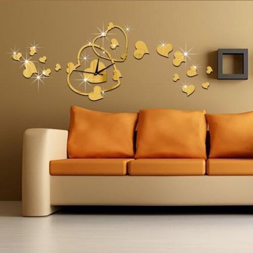 GZ043 Heart Shaped Acrylic Mirror Wall Clock Bedroom Background Wall Mirror Quartz Clock Diy Decorative Wall Clock