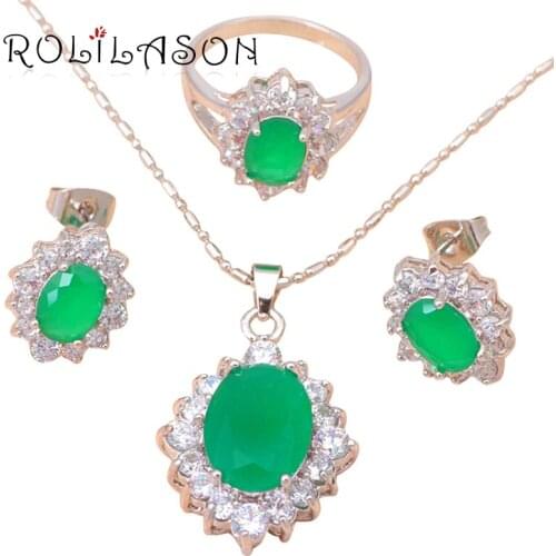 Amazing Gorgeous design silver plated filled Green Crystal Jewelry Sets Earrings Necklace Ring sz #5.5 Fashion Jewelry JS274