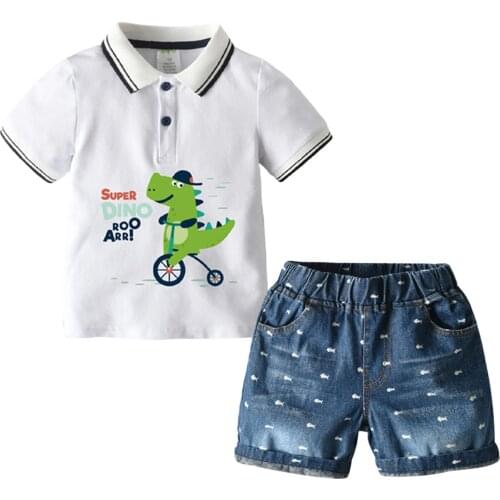 Little Boy’s T-shirt and Jeans Set Cartoon Dinosaur Short Sleeve Tops and Fish Bone Print Denim Shorts