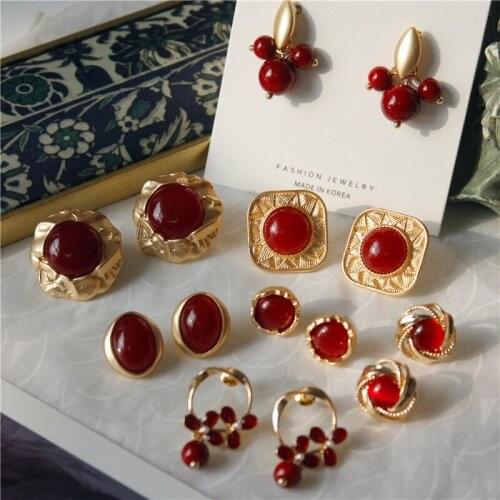 Korean Jewelry Red Geometric Earring Acrylic Retro Irregular Circle Square Stud Earrings Metal Earrings Women Jewelry