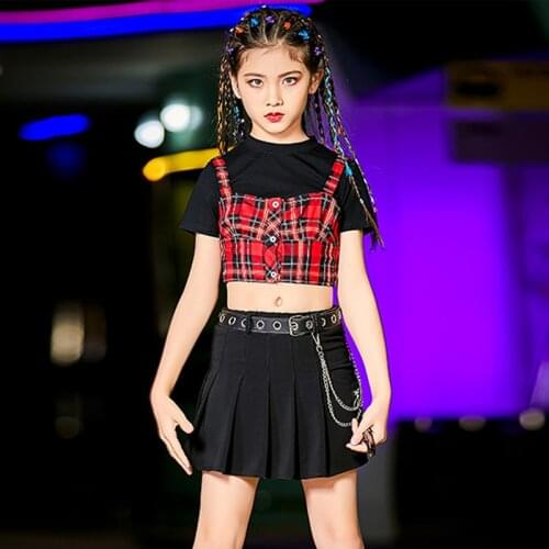 Girls Jazz Costume Fashion Red Lattice Sling Tops Black Skirt Hip Hop Cheerlead Dance Performance Clothes Catwalk Wear DNV14569