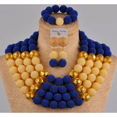 Pretty royal blue gold nigerian wedding african beads jewelry set simulated pearl costume necklace set
