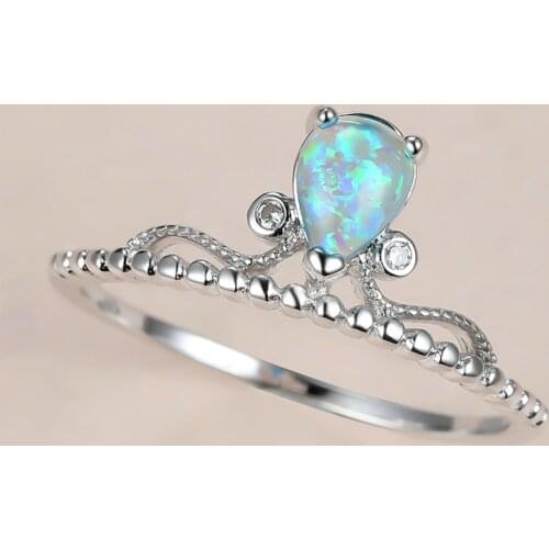 Simple Female Water Drop Opal Ring Charm Silver Color Thin Wedding Ring Dainty Queen Crown Crystal Engagement Rings For Women
